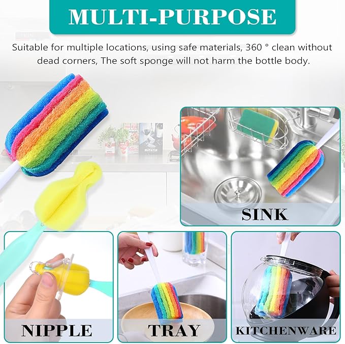 Bottle Brush Cleaner 4PCS Sponge Cleaning Brushes Long Handle Scouring Pad Scrub Brushes for Kitchen Clean Baby Bottle Glasses Mugs Cups (4 Colorful Brush+4 Nipple Brush)