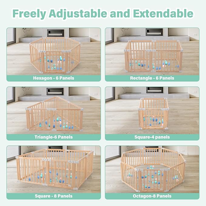 Foldable Wooden Playpen-51x51x25in-Large Baby Gate Playpen with Child-Proof Lock-Easy Assembly, Portable Design for Babies & Toddlers- Shape& Size Adjustable Baby Fence Play Area (Wood, 6 Panel)