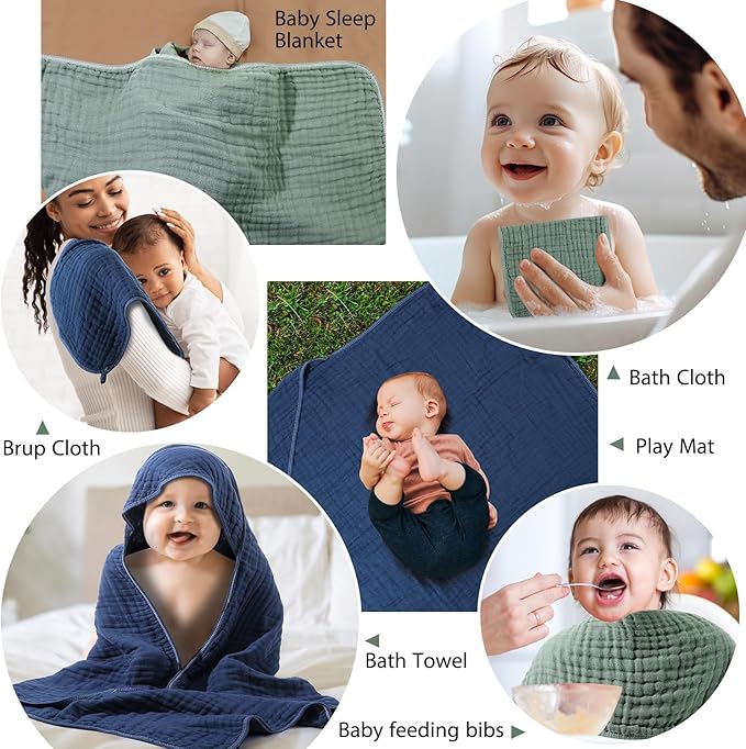 VitalCozy 6 Pcs Baby Muslin Hooded Bath Towels and Washcloths Muslin Cotton Hooded Baby Towels Absorbent Blankets for Gift Newborn Infant Shower (32 x 32 Inch,Green,Blue)