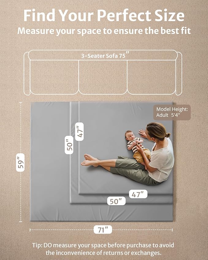 Blissful Diary Vegan Leather Baby Play Mat, 71x59 Thicken Foam Cushioned & Waterproof Playpen Mat for Infants and Toddlers, Stylish and Just Wipe-Clean Playmat for Baby Play on Floor, Light Gray