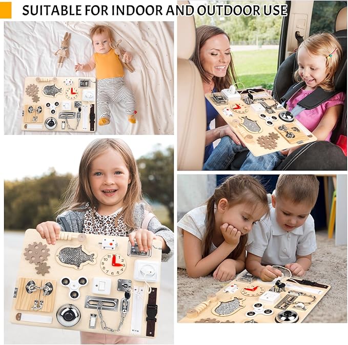 Montessori Busy Board for Toddlers 1 2 3 4 Year Old, Wooden Sensory Toys, Preschool Learning Activities for Fine Motor Skills Travel Toy, Basic Life Skills Educational Gifts for Age 1-3 Kids Boy Girl