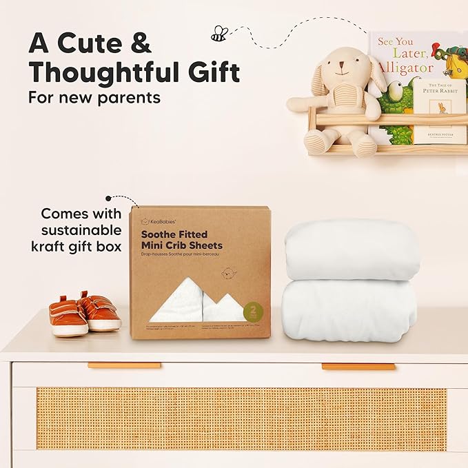 2-Pack Mini Crib Sheets Fitted - 38x26 Pack N Play Sheets for Pack and Play Mattress, Organic Cotton, Soft & Breathable Playard Bedding, Neutral Mini Toddler Bed Cover for Boys, Girls (Soft White)