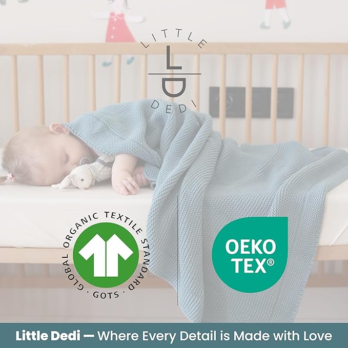 Little Dedi 100% Organic Cotton Baby Knitted Blanket with Gift Box - Soft Toddler, Crib, Stroller Blanket - Neutral Swaddle and Receiving Blanket for Newborns, 30"x40", Smoke Blue