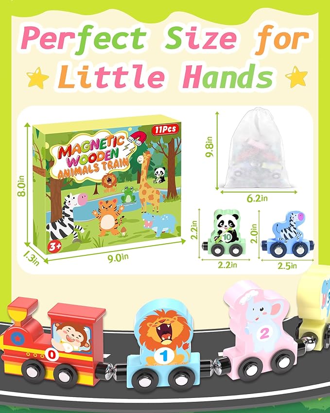 11 Pcs Magnetic Train Set Montessori Toys for 1 2 3 Years Old Toddlers Boys Girls, Wooden Animals Preschool Learning Easter Basket Stuffers Sensory Toys Birthday Gifts Ages 1-3, 2-4