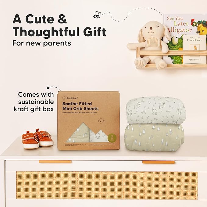 2-Pack Mini Crib Sheets Fitted - 38x26 Pack N Play Sheets for Pack and Play Mattress, Organic Cotton, Soft & Breathable Playard Bedding, Neutral Mini Toddler Bed Cover for Boys, Girls (Pine Grove)