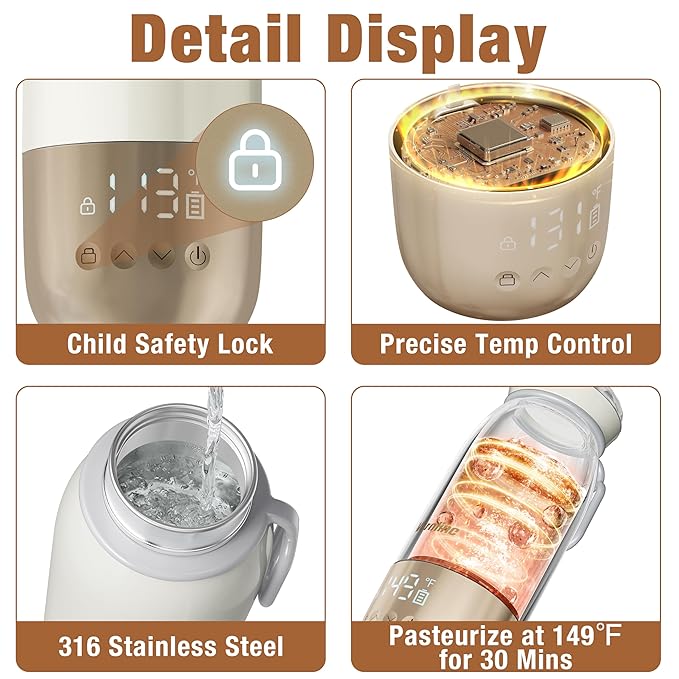 Portable Bottle Warmer for Travel, 18.6 Oz Portable Milk Warmer, 98-212℉ Adjustable, Baby Bottle Warmer On The Go with 12000mAh Battery, Fast Heating Milk Warmer with Keep Warm & Sterilization
