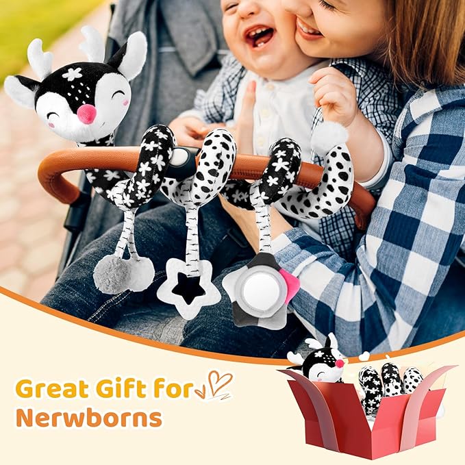 Car Seat Toys for Babies 0-6 Months Boy&Girl, Carseat Toys Hanging Black and White High Contrast Toy for Baby 0-3 Months, Spiral Activity Plush Toys Stroller Toys for 0 3 6 9 12 Months Baby Ideal Gift