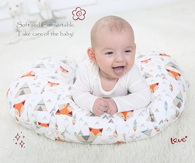 LAT Nursing Pillow for Breastfeeding,100% Cotton Removable Cover,Ergonomic Breast Feeding Pillows for Mom and Baby,Machine Washable(Giraffe & Elephant)