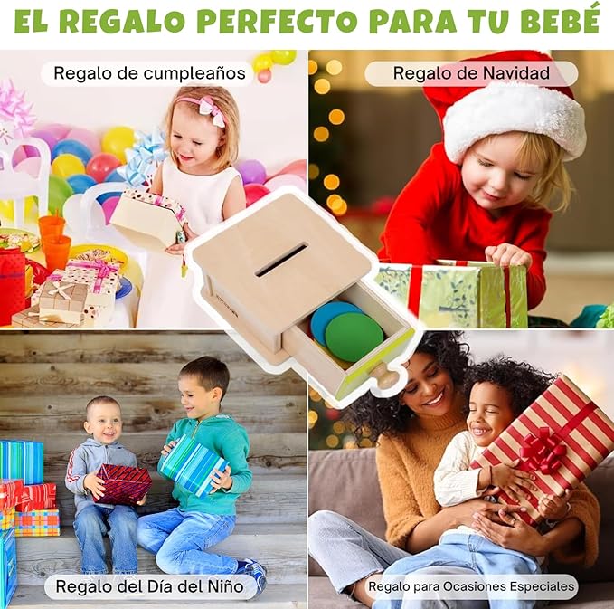 Adena Montessori Coin Box,Object Permanence Box for 1 Year Old Baby Coins,Wooden Ball Drop Developmental Toys for 6-12 Month Infant Toddler,Learning Kids Gifts(Yellow-Green Door)