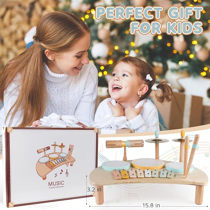 Kids Drum Set, Montessori Musical Instruments for Toddlers 1-3, Wooden Musical Toys for Babies, Preschool Educational Baby Drum Kit with Xylophone, Birthday Gift for Boys Girls