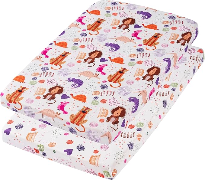 TILLYOU Mini Crib Sheets Fitted 2 Pack, Pack and Play Sheets for Toddler Mattress, Soft and Breathable 38”x 24” Pack n Play Mattresses Cover, Animal Graffiti & dot Printing