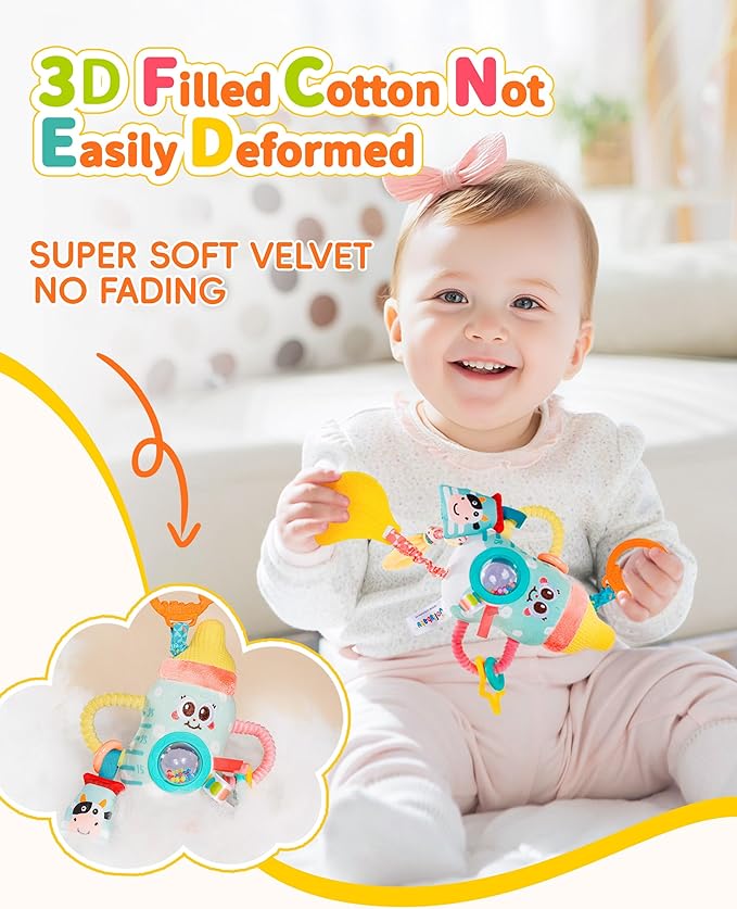 Jollybaby Baby Pull Vibration Toy - Tummy Time Sensory Hanging Toys for Car Seat, Stroller, Crib & Play Gym, with Babies Rattles & Teether, Airplane Travel Toys for Toddlers Gift - Donut