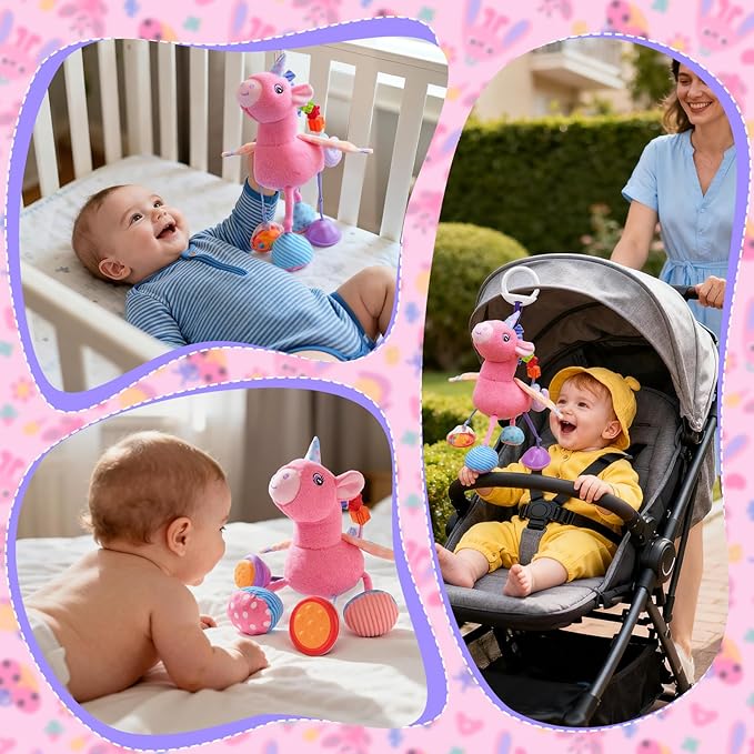 MPQMPQ Baby Toys 0-6 Months Sensory Tummy Time Toys Music Rattle for Newborn Infant 0 3 6 9 12 Months Hanging Car Seat Toys with Pull String,Plush,Mirror Baby Boys and Girls Shower Gifts