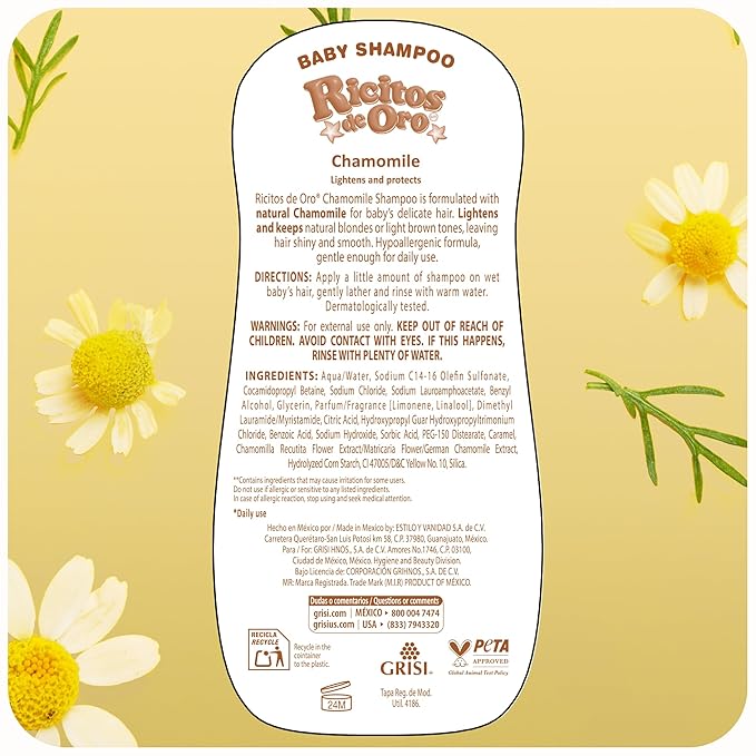 Ricitos de Oro Baby Shampoo with Chamomile – Gentle and Tear-Free Formula for Babies and Kids, Natural Lightening and Soft Conditioning Hair Care, Paraben-Free, Safe Daily Use, 8.4 fl oz, 3-Pack