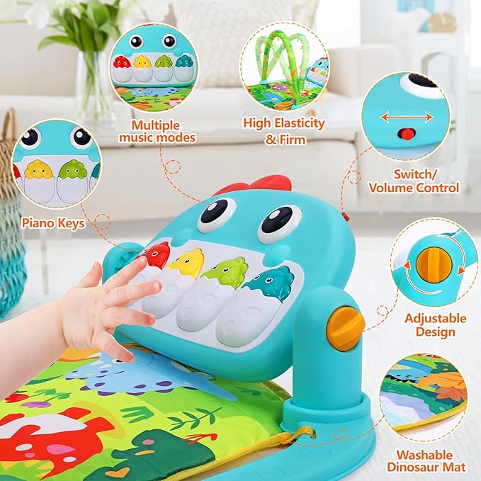 UMIKU Baby Play Mat Baby Tummy Time Mat Musical Activity Center for Infant with High-Contrast Piano Music & Light Newborn Babies Gifts for Boy Girl Babies 0-6 6-12 Months Dinosaur Style