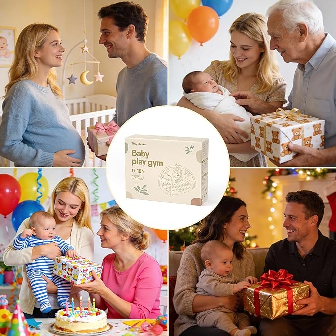 TinyThrive Baby Play Mat, Tummy Time Mat with 5 Detachable Toys, Washable Baby Play Gym for Visual, Hearing, Sensory, Motor Development, Activity Mat for Babies 0-18 Months