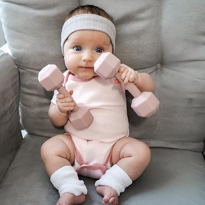 Baby Dumbbell Teether - Silicone Infant Teething Rattle Toddler Sensory Workout Toy - Durable, Safe Exercises Weight - Great Gift for Baby Boys & Girls (1pcs - Cadet Blue)