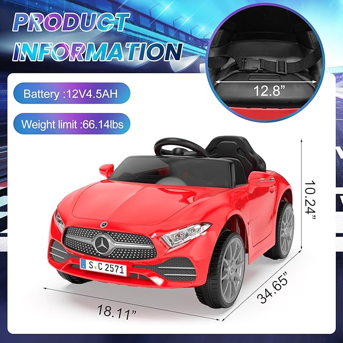 12V Kids Ride On Car with 2.4G Remote Control,Battery Powered Electric Car Ride On Vehicle Double Doors, Safety Belt,LED Light (SC-Red)