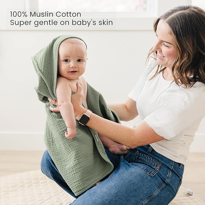 Konssy 2-Pack Muslin Hooded Baby Towels, 100% Cotton, Ultra-Soft & Absorbent Baby Bath Towels with Hood for Newborn & Infant (Fog Green, Sprout, 32" x 32")