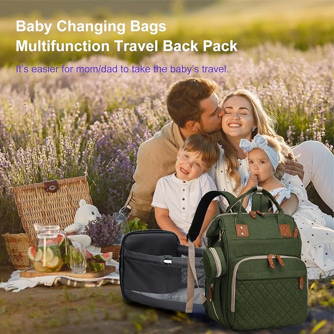 Diaper Bag with Changing Station, Waterproof 3 in 1 Baby Diaper Backpack with Foldable Changing Pad, Large Travel Back Pack for Girl Boy, Green