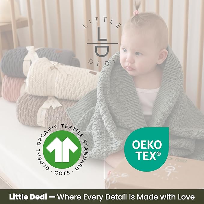 Little Dedi 100% Organic Cotton Baby Knitted Blanket with Gift Box - Soft Toddler, Crib, Stroller Blanket - Neutral Swaddle and Receiving Blanket for Newborns, 30"x40", Pepper Green