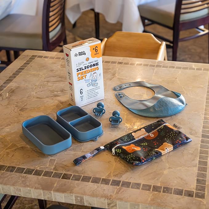 Travel Silicone Baby Feeding Essentials – Portable Toddler Plates with Suction, Soft Baby Spoon & Fork, Lightweight Foldable Silicone Bib & Waterproof Storage Bag – 6 Piece Set (dark blue)