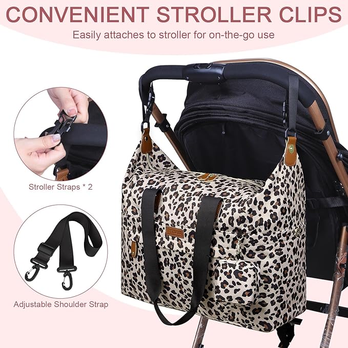 Diaper Bag Tote - Diaper Baby Bags with Pacifier Case, Shoulder Straps, Stroller Clips, Waterproof Large Mommy Maternity Travel Baby Bag for Mom and Dad, Leopard Print
