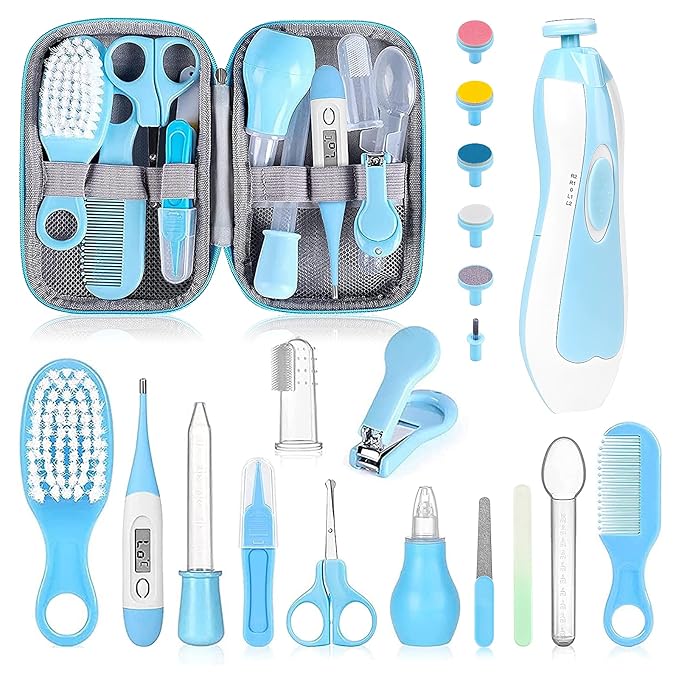 Baby Grooming Kit, Infant Safety Care Set with Hair Brush Comb Nail Clipper Nasal Aspirator,Baby Essentials Kit for Newborn Girls Boys (Blue-20 in 1)