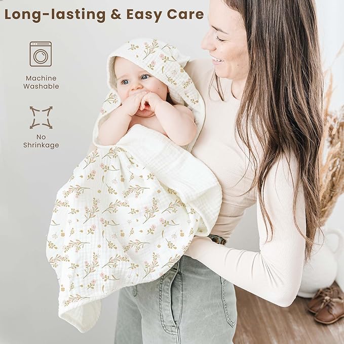 Konssy 2-Pack Muslin Hooded Baby Towels, 100% Cotton, Ultra-Soft & Absorbent Baby Bath Towels with Hood for Newborn & Infant (Pink, Floral,32" x 32")