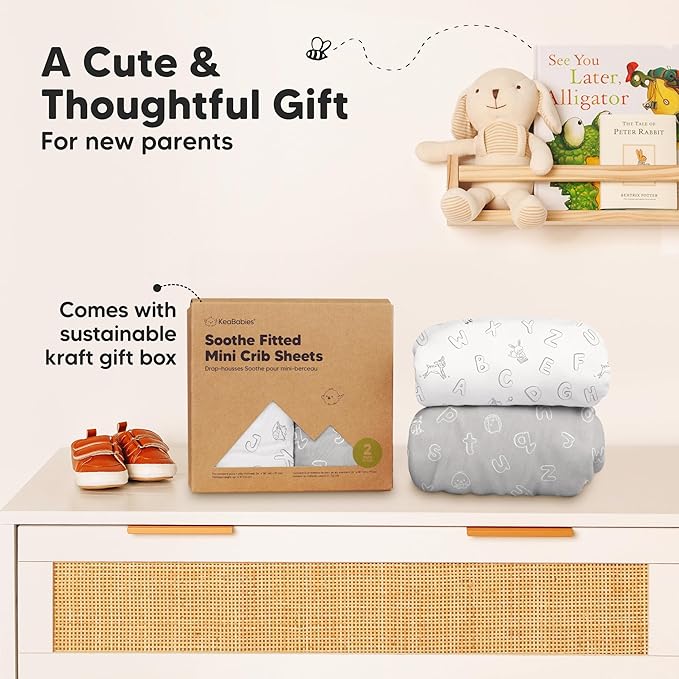 2-Pack Mini Crib Sheets Fitted - 38x26 Pack N Play Sheets for Pack and Play Mattress, Organic Cotton, Soft & Breathable Playard Bedding, Neutral Mini Toddler Bed Cover for Boys, Girls (ABC Land)