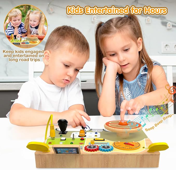 Montessori Toddler Toys - Baby Wooden Busy Board - Sensory Toys with Light Switch - Travel Toys for Educational Toddler Activities for Toddlers 1 2 3 4+ Year Old