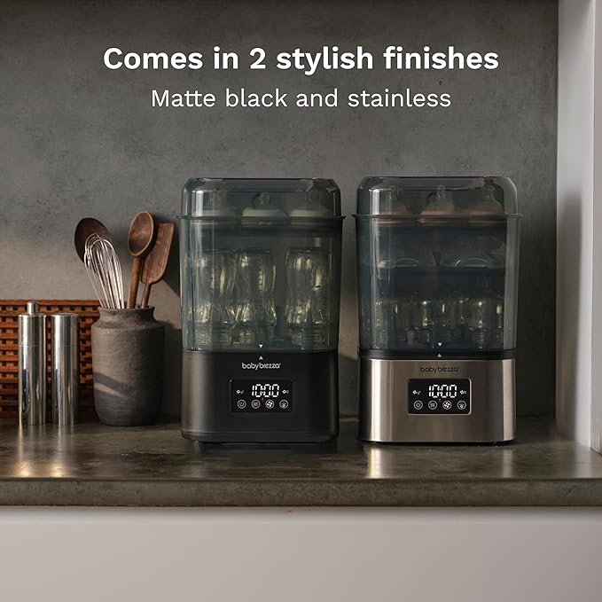 Baby Brezza 10 Minute SuperQuick Bottle Sterilizer + Dryer - Large 8 Bottle Capacity - Steam Sanitization – Universal Fit for All Bottles: Plastic + Glass + Pacifiers + Breast Pump Parts, Stainless