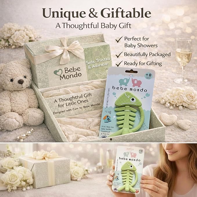 3 in 1 Infant Toys, Baby Teething Toys 3–6 6–12 Months, Teethers for Babies 0–3–6–12 Months for Teething Relief, Baby Gift, Baby Teether Toys, Silicone Sensory Toys, USA Patent Pending, Fish (Olive)