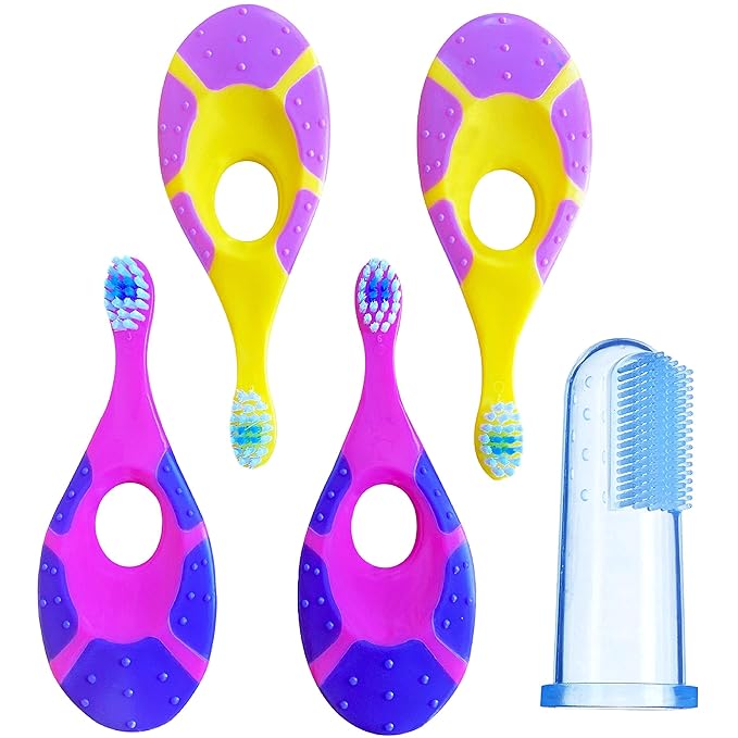 Trueocity Infant Toothbrush Set for Oral Care (12 Months+) – Soft Bristles, Small Brush Head, Easy-Grip Handle – 4-Pack (Pink & Purple)