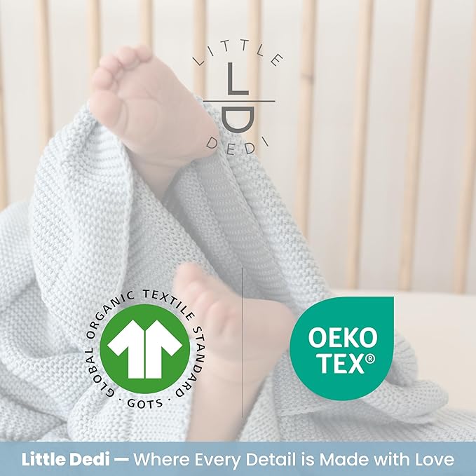 Little Dedi 100% Organic Cotton Baby Knitted Blanket in Gift Box - Soft Toddler, Crib, Stroller Blanket - Neutral Swaddle and Receiving for Newborns, 30"x40", Baby Blue