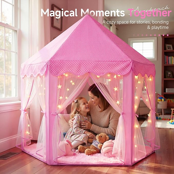 Monobeach Princess Tent Girls Large Playhouse Kids Castle Play Tent with Star Lights Toy for Children Indoor and Outdoor Games, 55'' x 53'' (DxH) (Pink Princess with Play Mat)