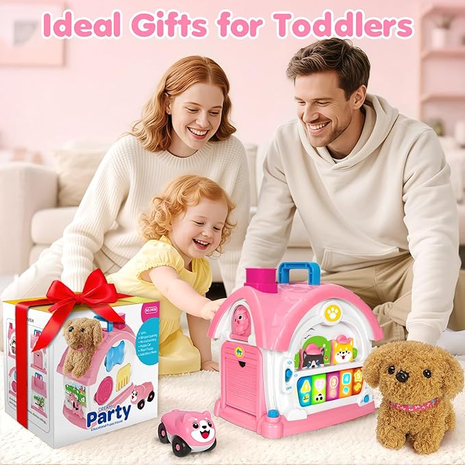 Montessori Toys for 1 2 3 Year Old Girl Gifts, Baby Musical Toys 12 18+ Months, 10 in 1 Bilingual Learning Toy with Sound Light, Cute Toy with Plush Puppy, First Birthday for Toddlers