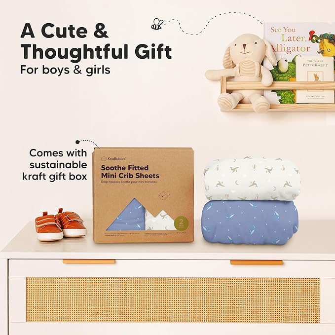 2-Pack Mini Crib Sheets Fitted - 38x26 Pack N Play Sheets for Pack and Play Mattress, Organic Cotton, Soft & Breathable Playard Bedding, Neutral Mini Toddler Bed Cover for Boys, Girls (Marine Muse)