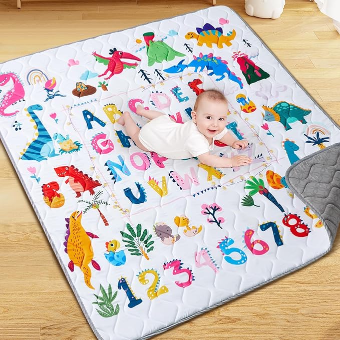 TreeBud Baby Play Mat - Thicken 71x59 Inch Soft Foam Crawling Mat for Playpen & Floor, Non-Slip Waterproof Playmats for Infants & Toddlers, Portable Foldable & Machine Washable, Dinosaur & Letters