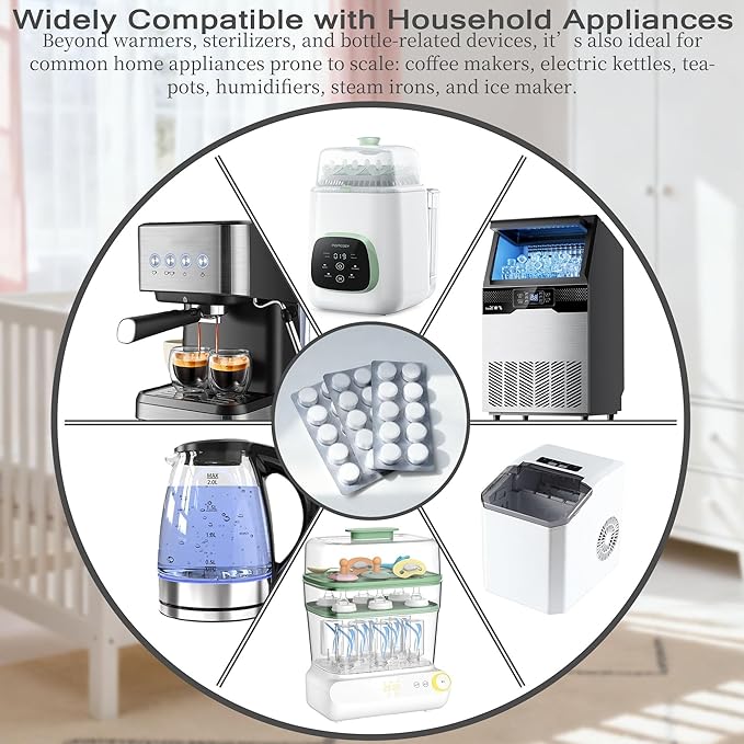 40 Count Descaling Tablets Compatible with Momcozy, Brezza, Papablic, Grownsy Bottle Washer, Fit for Baby Food Maker, Warmers, Sterilizers & Formula Makers, Descaler for Milk & Limescale Removal