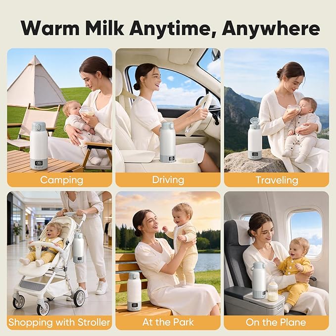 Portable Bottle Warmer for Travel, Fast Heating Milk Warmer On The Go, 17 OZ Bottle Warmers for Breast Milk, Formula, Water, Temp Control 98°F -131°F, Baby Essentials for Outdoor Airplane Car Journey