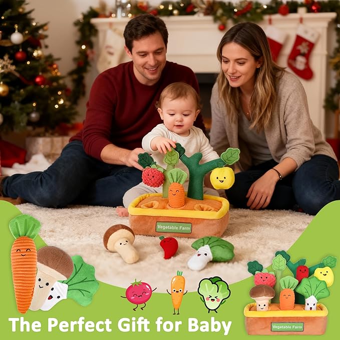 Baby Toys 6-12 Months, My First Fruits Vegetables Color Shape Sorting Montessori Toys, Plush Crinkle Rattle Textures Sensory Toy for 1 Year Old Boys Girls, Toddler Valentines Day Easter Baby Gifts