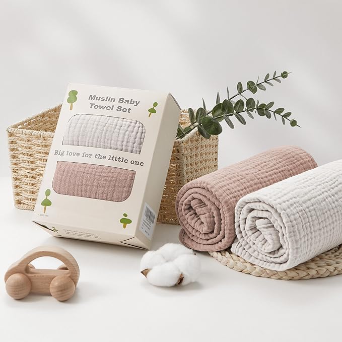 Susurration Hooded Baby Towels for Newborn 2 Pack 100% Muslin Cotton Towel for Babies,Highly Absorbent and Newborn Essential 30x30 Inch Cream&Sand