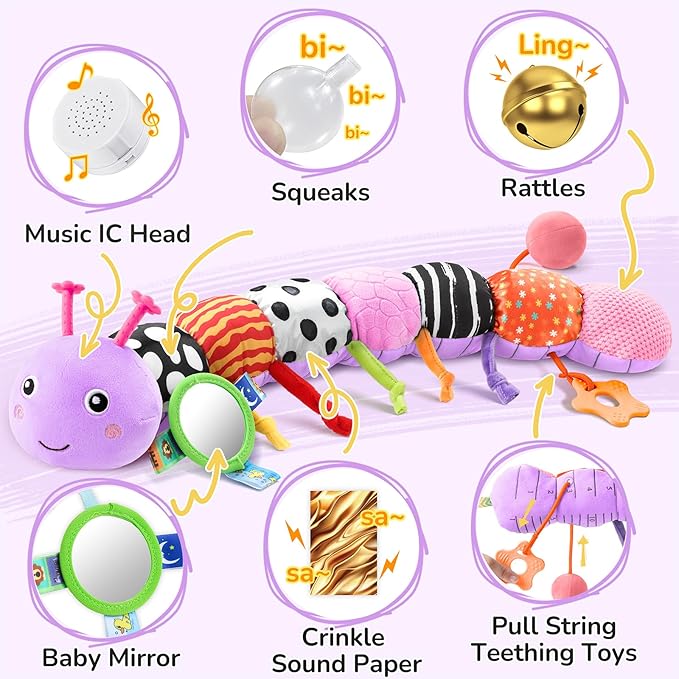 AWOTOY Baby Toys 6-12 Months Music Caterpillar,Stuffed Animals Infant Toys 0-3-6 Months,Teething Sensory Toys Tummy Time with Mirror Crinkle Rattle&Pull String for Boys Girls Gifts Birthday|Purple