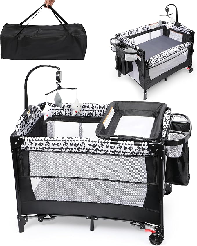 Xilingol 5-in-1 Pack and Play, Baby Bassinet Bedside Sleeper with Diaper Changer, Storage Bag & Music Box, Portable Baby Crib with Carry Bag, Foldable Playard with Bassinet for Newborn to Toddlers