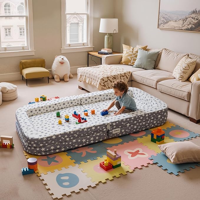 Toddler Travel Bed,Foldable & Portable Baby Cot,Three-in-one Design Little Sofa,Play Mat,Floor Bed for Kids,Oxford Fabric with Star Print,Lightweight&Easy Carry 60"x30"x7.9" (Sleeping Lounging Play)