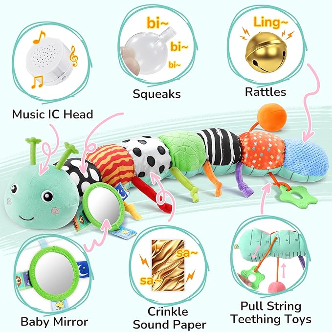 AWOTOY Baby Toys 6-12 Months Music Caterpillar,Stuffed Animals Infant Toys 0-3-6 Months,Teething Sensory Toys Tummy Time with Mirror Crinkle Rattle&Pull String for Boys Girls Gifts Birthday|Blue