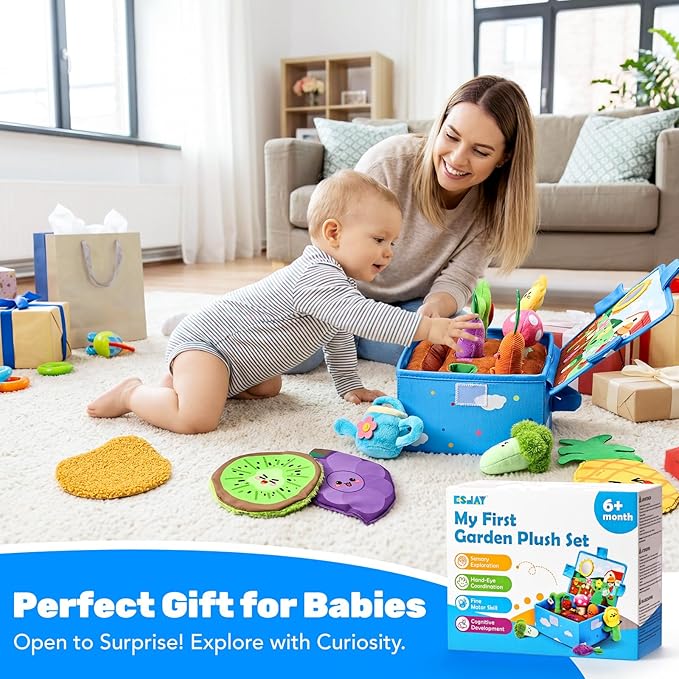 Baby Toys 6-12 Months, Montessori Sensory Garden Plush Set Vegetable Fruits, Baby Developmental Learning Toys with Rattle Squeaker Mirror Texture Tissue, Gifts for 6+ month old Boy Girl Christmas
