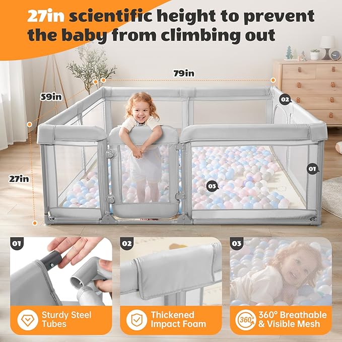 Baby Playpen,Extra Large Playpen for Babies and Toddlers, Sturdy Play Pen Play Yard with Safety Gate,79âx59âBaby Play Pen(Light Grey)