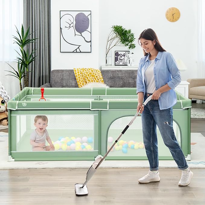 Costzon Playpen for Toddlers, Extra Large Playard Playpen for Toddlers Indoor & Outdoor with Ocean Balls, Non-Slip Suction Cups, Handlebars, Breathable Mesh, Play Pen for Babies 6-12 Months